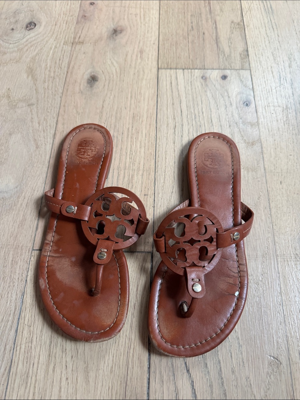 Tory Burch Brown Leather Miller Logo Thong Sandals